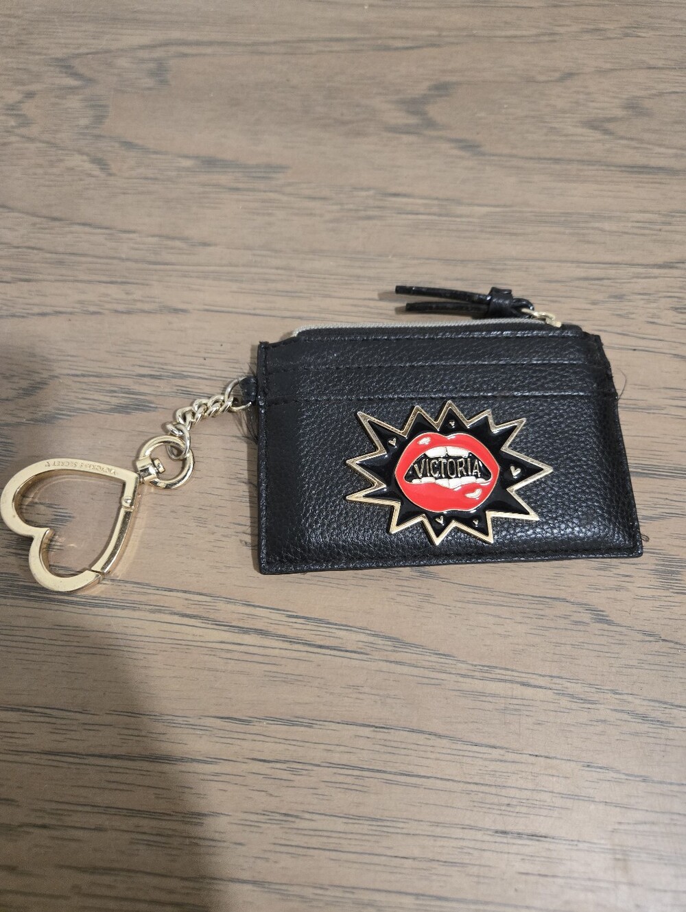 Victorias Secret Black Leather Card Wallet with Heart Keychain